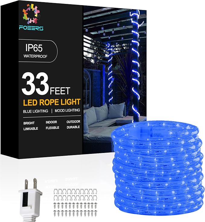 33FT 360 LED Rope Lights Outdoor,110V Connectable Blue String Lights with Clear PVC Jacket,Blue Rope Lights for Camping,Patio,Deck,Porch,Christmas Decor(Blue)