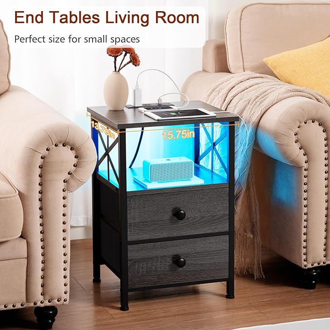 AMHANCIBLE Night Stand Set 2, LED Nightstand with Charging Station, End Tables Living Room with Fabric Drawers, Bedside Table for Bedroom, Dark Grey HET052LDG