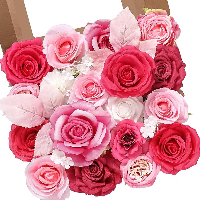Alecono Artificial Flowers, Hot Pink Fake Flowers Combo Box with Stems for DIY Wedding Bridal Bouquets, Cake Home Decor Indoor Outdoor