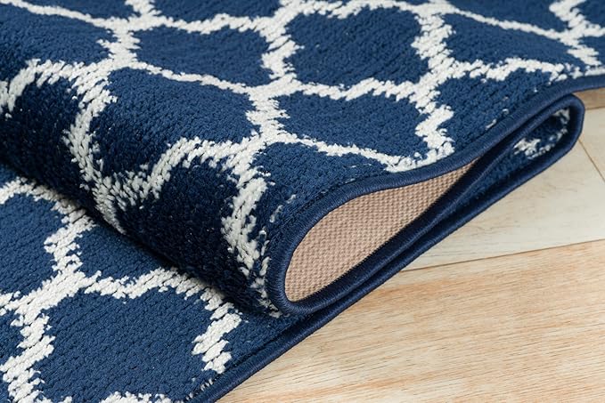 Custom Size Cut to Length Moroccan Trellis Design Runner Rug Mat For Wide Long Hallways with Non-Slip Rubber Backing, Better Traction for Pets, Prevent Slippage, Trellis Navy Blue, 31 inch X 14 feet