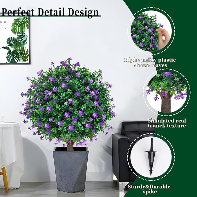 Artificial Purple Flower Boxwood Topiary Ball Trees,2 Set of 16'' UV Resistant Fake Evergreen Shrubs Bushes Plants with Ground Spike, Fake Plants for Outdoor Indoor Front Porch Garden