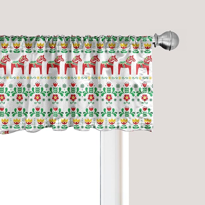 Ambesonne Folk Art Window Valance, Scandinavian Themed Pattern of Swedish Dala Horse and Flowers, Curtain Valance for Kitchen Bedroom Decor with Rod Pocket, 54" X 12", Green Vermilion
