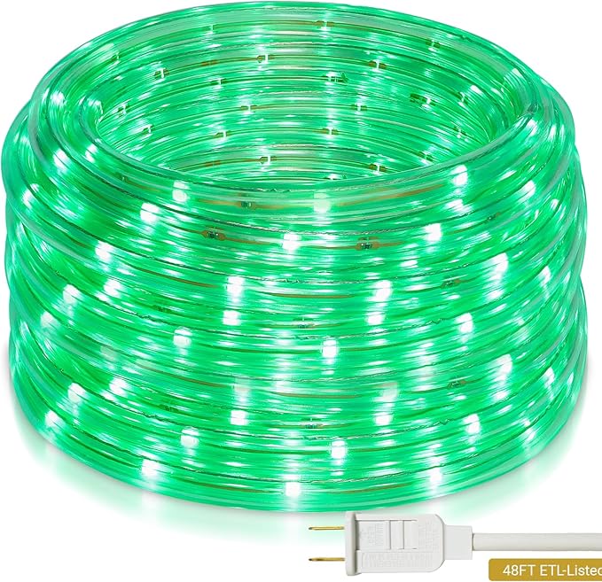 48ft Green LED Rope Lights Outdoor Waterproof - 324 LEDs Christmas Rope Lights, 120V ETL Certified, Connectable to 192ft, w/24 Mounting Clips & Screws - St. Patrick's Garden Decor