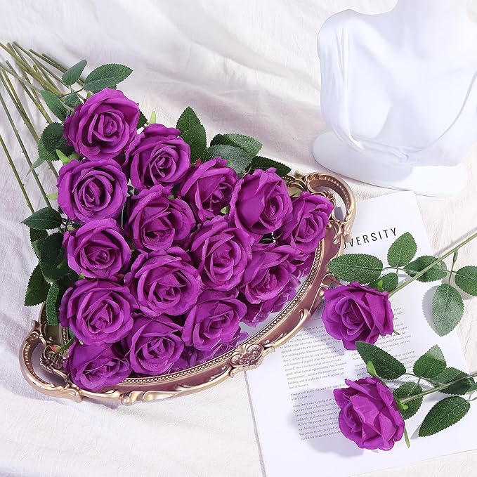 72 Pcs Artificial Roses Purple Fake Silk Roses Realistic Roses Faux Flower Indoor Wedding Home Decor, Birthday Decorations