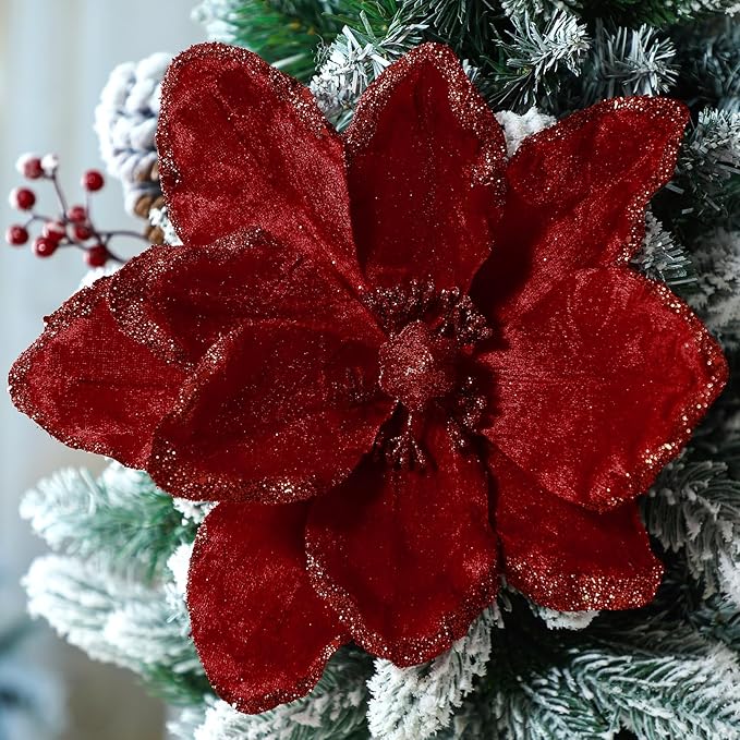 8 Pcs Large Christmas Flower Magnolia Flowers Christmas Tree Decoration Artificial Poinsettia Stems Velvet Xmas Ornaments for Xmas Tree Table Decor(Burgundy,12 Inch)