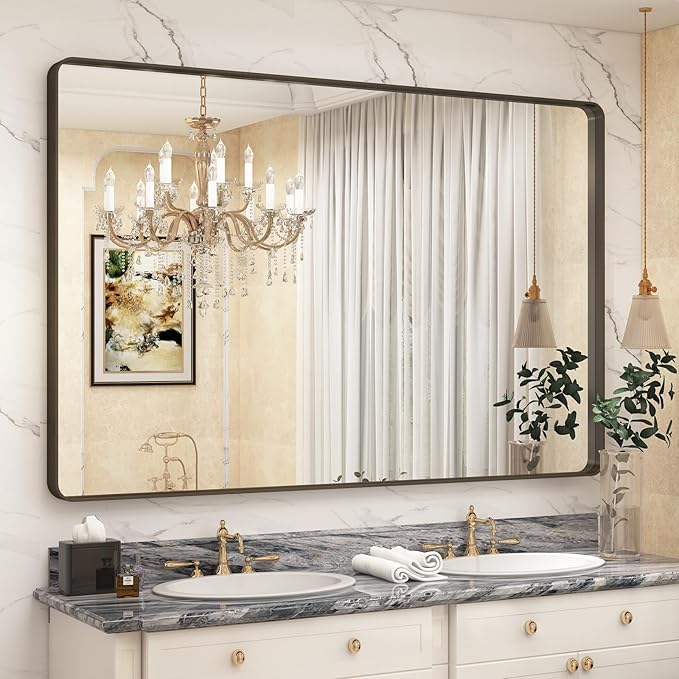 60x40 Bronze Bathroom Mirror, Brushed Bronze Metal Frame Mirrors for Wall, Rounded Rectangle Bronze Mirror for Vanity,Bedroom, Shatterproof, Anti-Rust (Horizontal/Vertical)