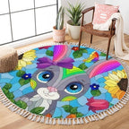 Round Rugs Stained Glass a Portrait Cute Cartoon Rabbit Flowers Rectangular Boho Area Rug Linen and Cotton Carpet Meditation Washable Hallway Runner Mat Accent for Bedroom Bathroom 3ft