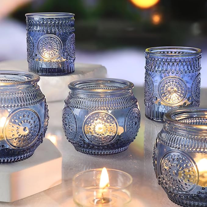 36 Pcs Blue Candle Holders Bulk- Blue Votive Candle Holders for Wedding Centerpieces, Assorted Glass Tea Lights Holders for Baby/Bridal Shower, Thanksgiving, Fall, Christmas Table Centerpieces Decor