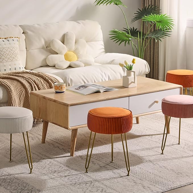 IBUYKE Velvet Round Footrest Ottoman, Makeup Vanity Stool Side Table, Velvet Dressing Table Seat, Pouf Couch Stool, Golden Steel Legs, Pink LG-30P
