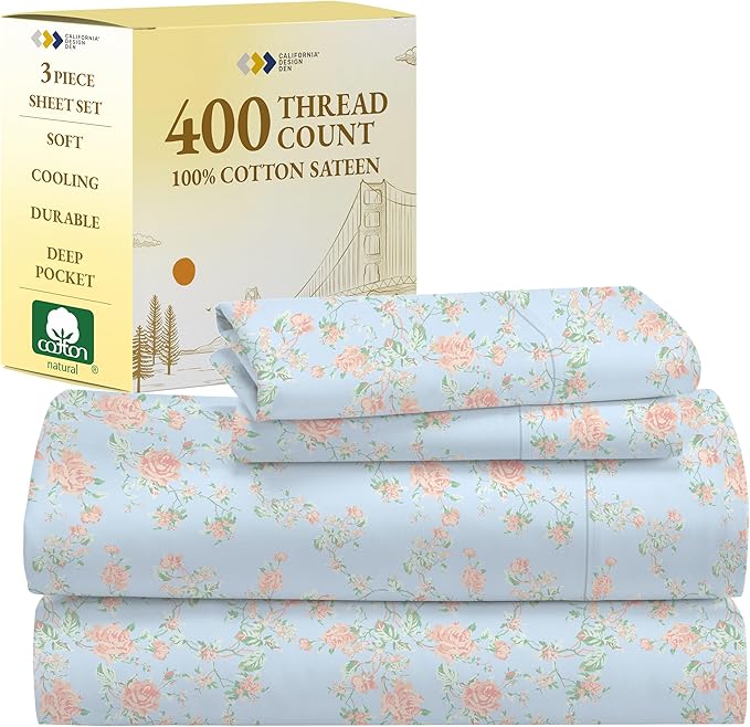 California Design Den Printed Twin XL Sheet Sets - 400 Thread Count Sateen, Natural 100% Cotton Sheets, Deep Pockets, Cooling and Durable Bedding Set - Antique Rose