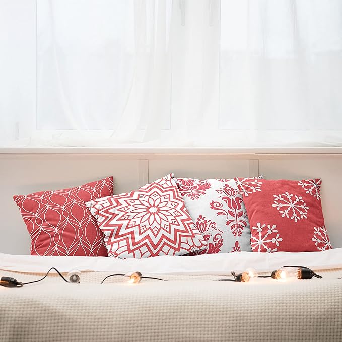 Ambesonne Retro Throw Pillow Cushion Case Pack of 4, Trellis Grid Medieval Floral Damask Mandala Flower Ornament in Modern Monochrome, Modern Accent Double-Sided Digital Printing, 16", Dark Coral