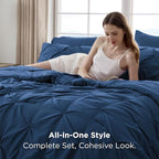 Bedsure Queen Comforter Set Navy - Bed in a Bag Queen Size Bedding 7 Pieces, GentleSoft™ Pintuck Bed Set Gift for Family, Pinch Pleat All Season Comforter with Sheets, Pillowcases & Shams