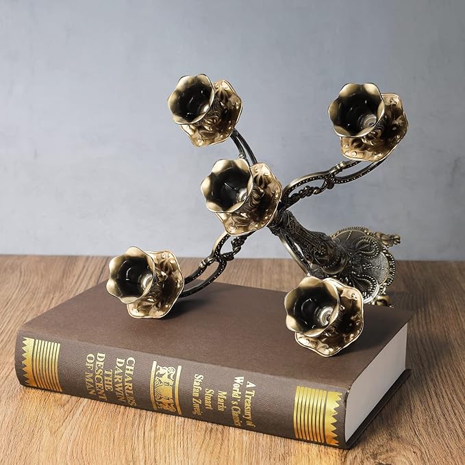 5-Candle Metal Candelabra 10.3 Inch Tall Candlestick Candle Holders for Home Decor Wedding Christmas Church Halloween Party,Bronze Tulip