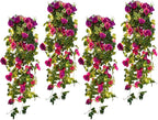 RECUTMS Artificial Hanging Rose Flower Plants Outdoor with 30 LED Fairy String Lights Fake Flowers for House Garden Patio Front Porch Indoor Decor (Purple)
