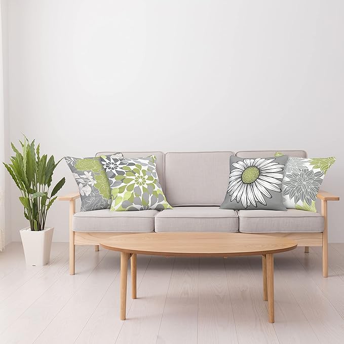Ambesonne Floral Throw Pillow Cushion Case Pack of 4, Flower Petals Color Palette Chamomile Peony Dahlia and Sunflower, Accent Double-Sided Digital Printing, 18", Grey Pastel Green