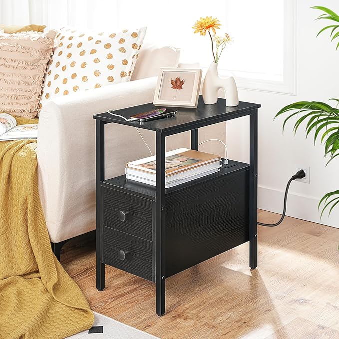 HOOBRO End Table with Charging Station, Narrow Side Table with 2 Drawer & USB Port & Power Outlets, Nightstand for Small Spaces, Stable and Sturdy, for Living Room, Bedroom, Black BK541BZ01