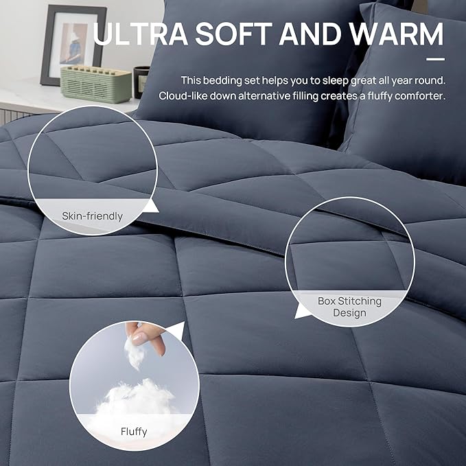 Love's cabin Queen Comforter Set Navy Blue, 7 Pieces Queen Bed in a Bag, All Season Bedding Sets with 1 Comforter, 1 Flat Sheet, 1 Fitted Sheet, 2 Pillowcase and 2 Pillow Sham