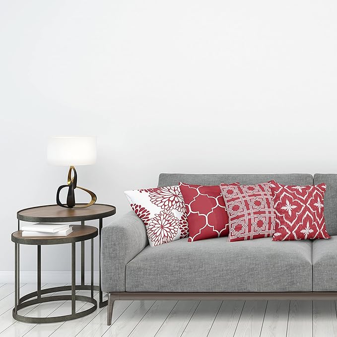 Ambesonne Vintage Throw Pillow Cushion Case Pack of 4, Monochrome Design Grid Trellis Quatrefoil Mesh and Dahlia Flowers Modern Print, Modern Accent Double-Sided Digital Printing, 18", Ruby and White