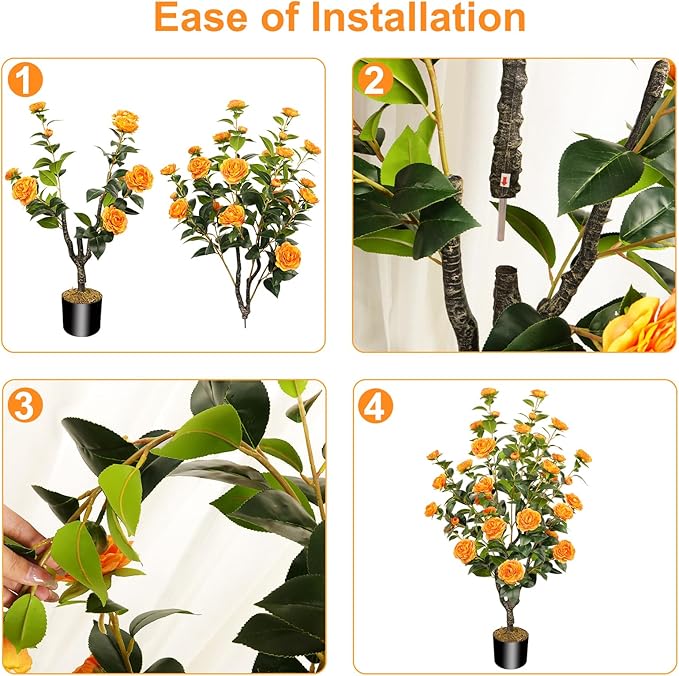 43.3"/3.6FT Artificial Tree with Camellia Flowers Fake Fall Tree with 32 Blooming Flowers Orange Tree for Autumn Home Front Door Outdoor Indoor Decor (Including Dried Moss)