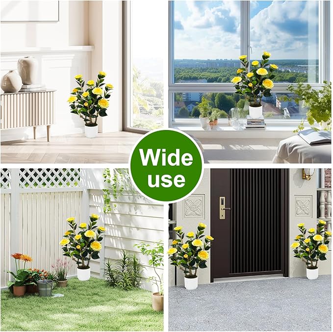 2Pack Artificial Camellia Tree, 2FT Fake Tree Blooming Camellia Flower Plant for Spring Home Front Door Outdoor Indoor Decoration,Yellow