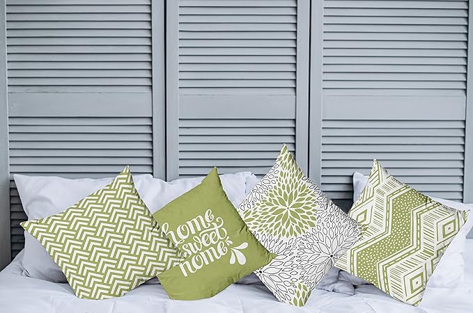 Ambesonne Geometric Throw Pillow Cushion Case Pack of 4, Home Phrase Minimal Zigzag Squama Dahlia Flower Petals Chevron Tribal, Modern Accent Double-Sided Digital Printing, 16", Green and White