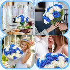 32 Pcs Blue, White Artificial Flowers Roses Fake, Silk Flowers with Stems for DIY Wedding Gothic Bridal Shower Centerpieces Arrangements Tables Decorations