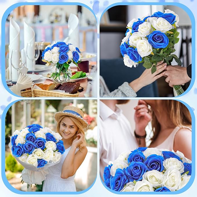 32 Pcs Blue, White Artificial Flowers Roses Fake, Silk Flowers with Stems for DIY Wedding Gothic Bridal Shower Centerpieces Arrangements Tables Decorations