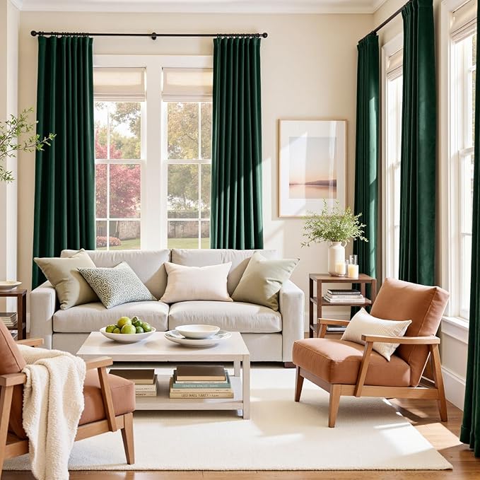 Lazzzy Velvet Blackout Curtains Thermal Insulated Room Window Drapes Super Soft Luxury Curtains for Living Room Bedroom Rod Pocket 2 Panels, Emerald Green, 62" W x 96" L