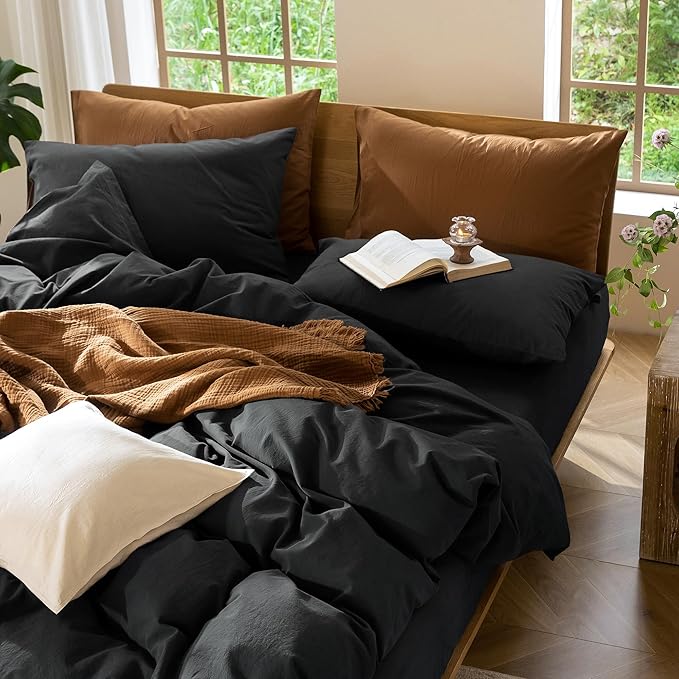 MooMee Bedding Duvet Cover Set 100% Washed Cotton Linen Like Textured Breathable Durable Soft Comfy (Solid Black, Palatial King/Oversized King 120"x98")