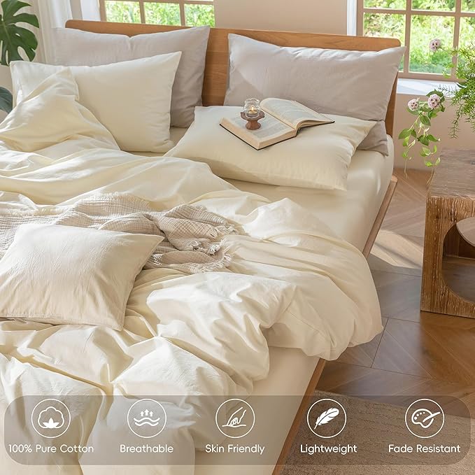 MooMee Bedding Duvet Cover Set 100% Washed Cotton Linen Like Textured Breathable Durable Soft Comfy (Solid Cream White, Super King 108"x98")