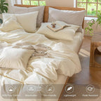 MooMee Bedding Duvet Cover Set 100% Washed Cotton Linen Like Textured Breathable Durable Soft Comfy (Solid Cream White, Alaska King 132"x120")