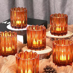 Glass Amber Votive Candle Holder, Ribbed Votive Candle Holders Set of 12, Tealight Candle Holder for Wedding Centerpieces Dinner Party Table Decor