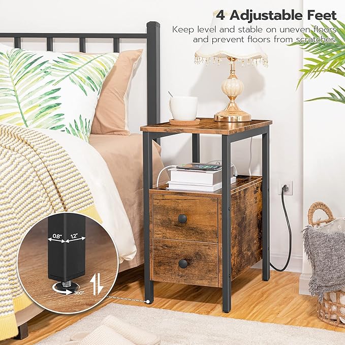 HOOBRO End Table with Charging Station, Narrow Side Table with 2 Drawer & USB Ports & Power Outlets, Nightstand for Small Spaces, for Living Room, Bedroom, Rustic Brown and Black BF541BZ01