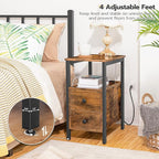 HOOBRO End Table with Charging Station, Narrow Side Table with 2 Drawer & USB Ports & Power Outlets, Nightstand for Small Spaces, for Living Room, Bedroom, Rustic Brown and Black BF541BZ01