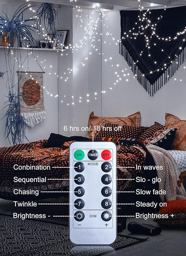 33Ft 100LED Outdoor String Lights, Pure White Fairy Lights Battery Operated with Remote, Waterproof Twinkle Lights for Bedroom Dorm Patio Tapestry Backyard Garden Party Indoor Christmas Decoration
