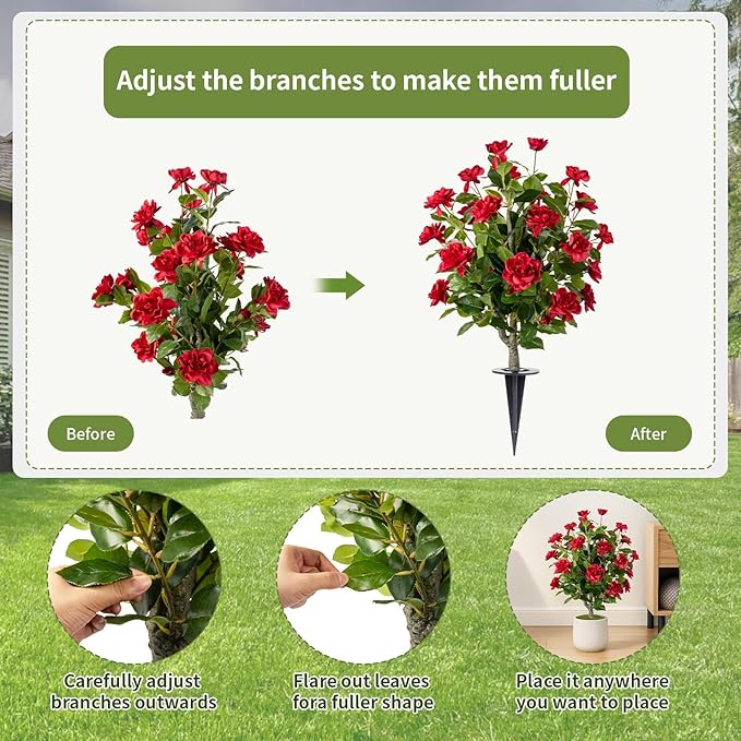 Artificial Camellia Tree 2 Pack with Spike, Artificial Plants Outdoor Faux Floral Plant in Cement Pot Fake Silk Camellia Tree Plants for Home House Living Room Office Decor