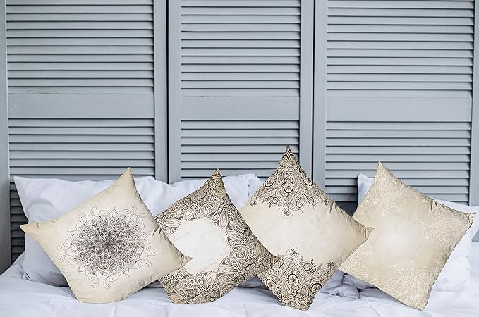 Ambesonne Ethnic Throw Pillow Cushion Case Pack of 4, Mandala Design Cultural Folkloric Motifs Swirling Floral Style Art Illustration, Modern Accent Double-Sided Digital Printing, 18", Eggshell Brown