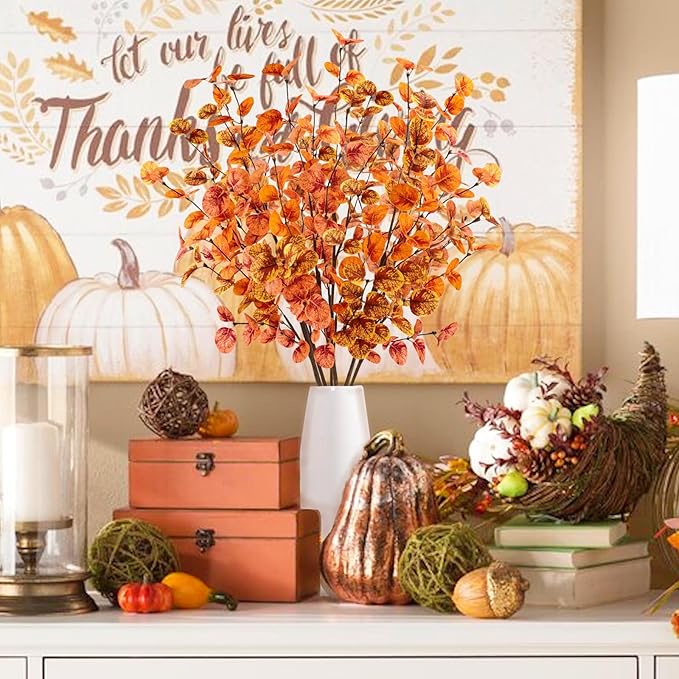 6pcs Artificial Fall Eucalyptus Leaves Stems 30" Faux Fall Leaf Fall Branches Autumn Decorations for Home Fall Floral Arrangements Farmhouse Table Centerpiece Decor