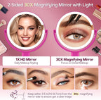 B Beauty Planet Makeup Mirror with Lights, Lighted Magnifying Mirror 30X with 3 Lighting and Adjustable Brightness, 2-Sided Height Adjustable Vanity Mirror for Bathroom, Gifts for Women Hot Pink
