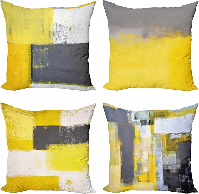 Ambesonne Modern Throw Pillow Cushion Case Pack of 4, Abstract Grunge Themed Geometric Squares with Paintbrush Stroke Effect Ornament, Modern Accent Double-Sided Digital Printing, 16", Yellow Grey