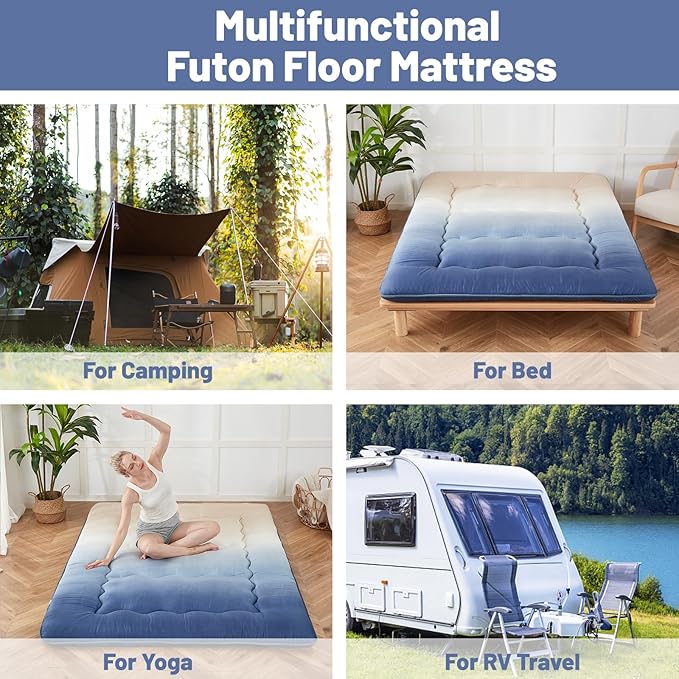 Japanese Floor Mattress, Futon Mattress with Portable Storage Bag and Washable Cover, Roll Up Thick Tatami Mat Suitable for Camping, Guest Room (Coastal Gradient, Queen)