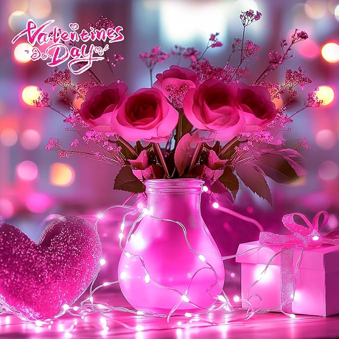 5 Pack Fairy Lights Battery Operated, 7 Feet 20 Led String Lights with Timer, Waterproof Firefly Lights on Silver Wire for Home Party Wedding Christmas Decorations, 6 Hours on/18 Hours Off, Pink