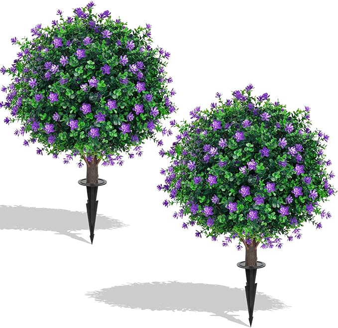 Artificial Purple Flower Boxwood Topiary Ball Trees,2 Set of 16'' UV Resistant Fake Evergreen Shrubs Bushes Plants with Ground Spike, Fake Plants for Outdoor Indoor Front Porch Garden
