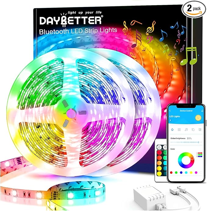 DAYBETTER 65.6Ft Smart Led Lights,2835 RGB Led Strip Lights Kits with Remote, App Control Timer Schedule Led Music Strip Lights(2 Rolls of 32.8ft)