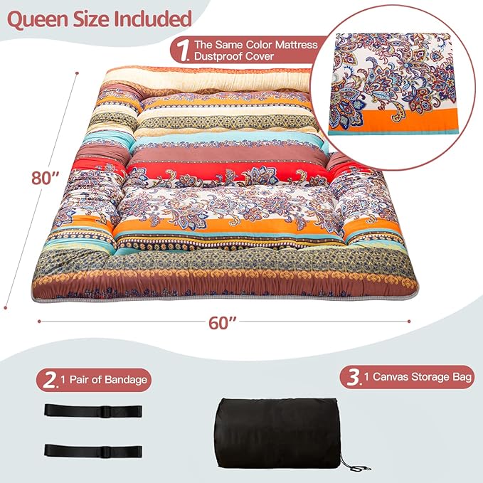 MAXYOYO Bohemian Retro Floor Mattress Vintage Floral Japanese Futon Mattress Roll Up Thicken Sleeping Bed Portable Camping Mattress Floor Lounger Couch Bed Mattress Pad, Queen Size