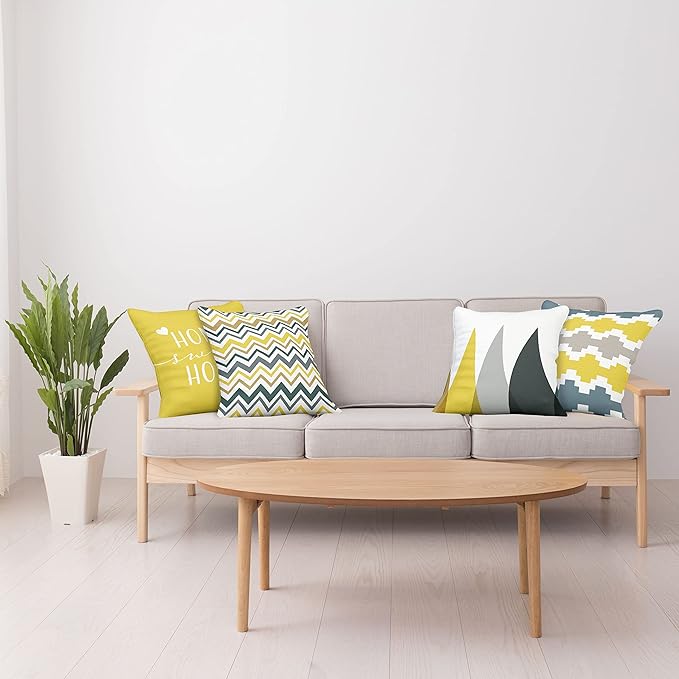 Ambesonne Modern Throw Pillow Cushion Case Pack of 4, Geometric Style Pattern of Triangles Zigzags Love Home Phrase Print, Modern Accent Double-Sided Digital Printing, 24", Yellow Slate Blue and Tan