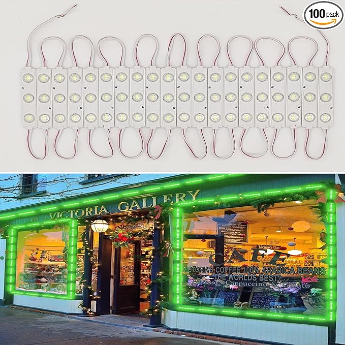 LED Module, Windows Lights Green 100pcs 49.8 Ft 5730 SMD 150LM Per LED Module IP65 Waterproof Decorative Light for Advertising Signs with Tape Adhesive Backside (Green Light)