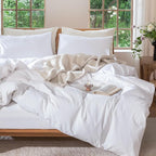 MooMee Bedding Duvet Cover Set 100% Washed Cotton Linen Like Textured Breathable Durable Soft Comfy (Solid Bright White, Super Queen 90"x98")