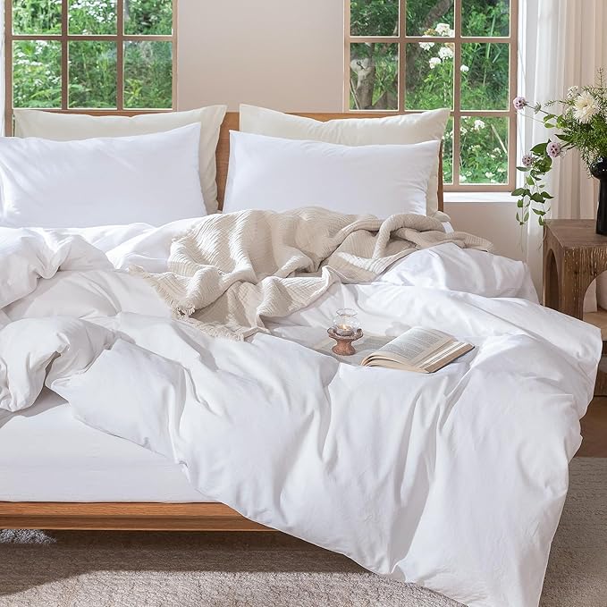 MooMee Bedding Duvet Cover Set 100% Washed Cotton Linen Like Textured Breathable Durable Soft Comfy (Solid Bright White, Oversized Full 82"x86")
