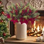 8PCS Artificial Flowers Bouquet Christmas Floral Pine Cones Red Fake Berry Picks Stems Holly Holiday Floral Picks for Xmas Tree Party Decoration DIY Indoor Table Centerpieces